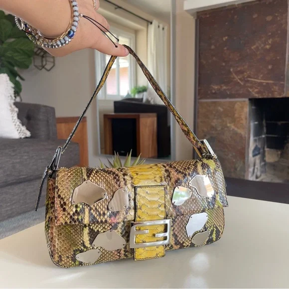 SOLD FENDI Rare Baguette Vintage Mirror Python Karl Lagerfeld Embellished - Picture 7 of 17